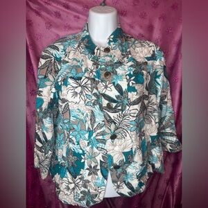 Christopher & Banks Teal, Cream and Black Floral Button Up Top